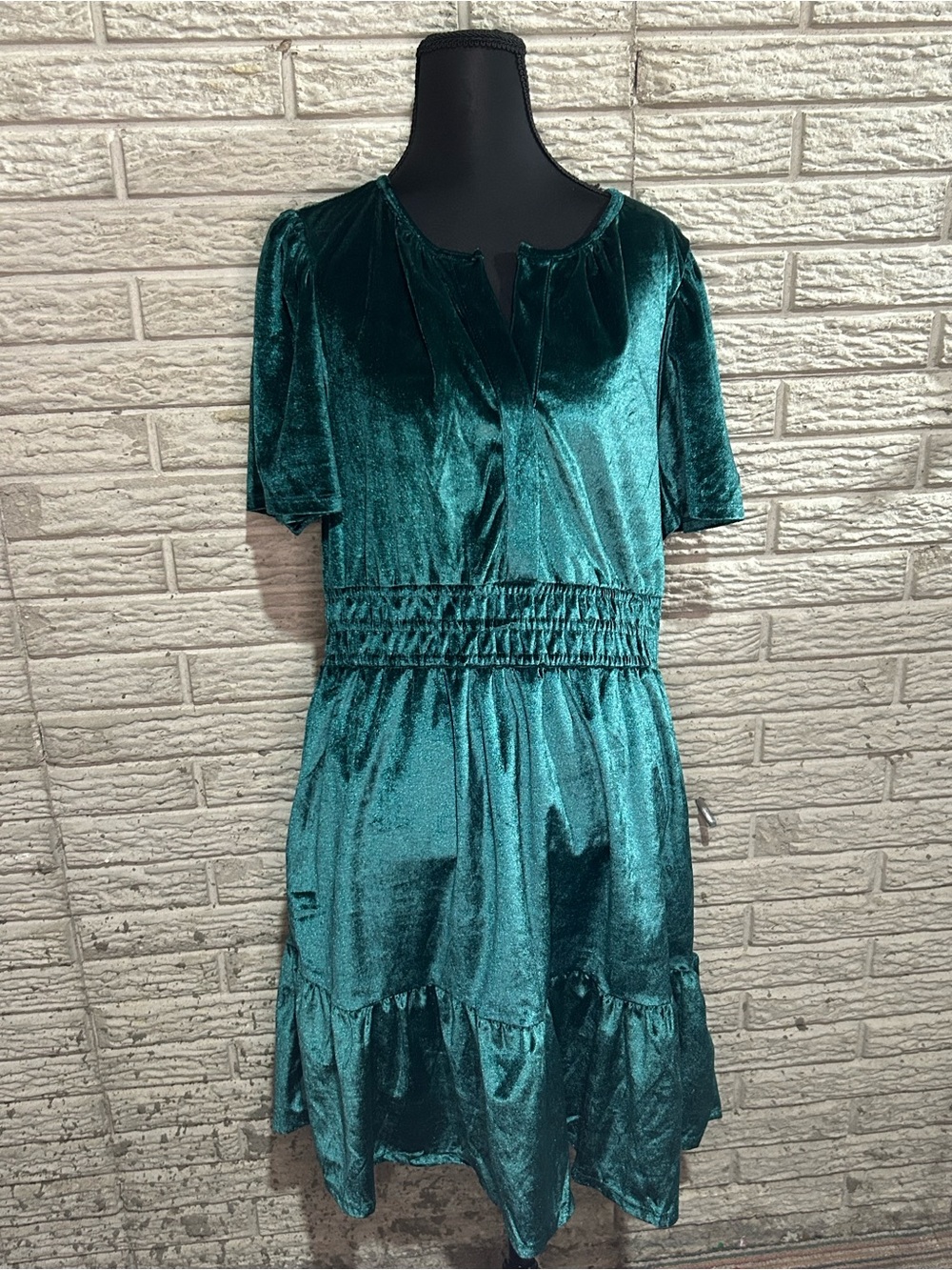 French Connection Teal Green Velvet Tiered Short Sleeve Dress Size Large